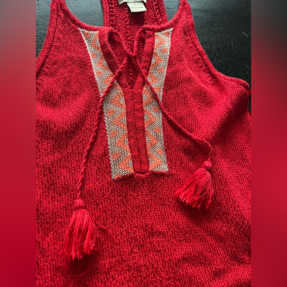 Lucky Brand Red Knit Boho Tassel Tank Top Embroidered Racerback Small Tribal - Picture 4 of 8